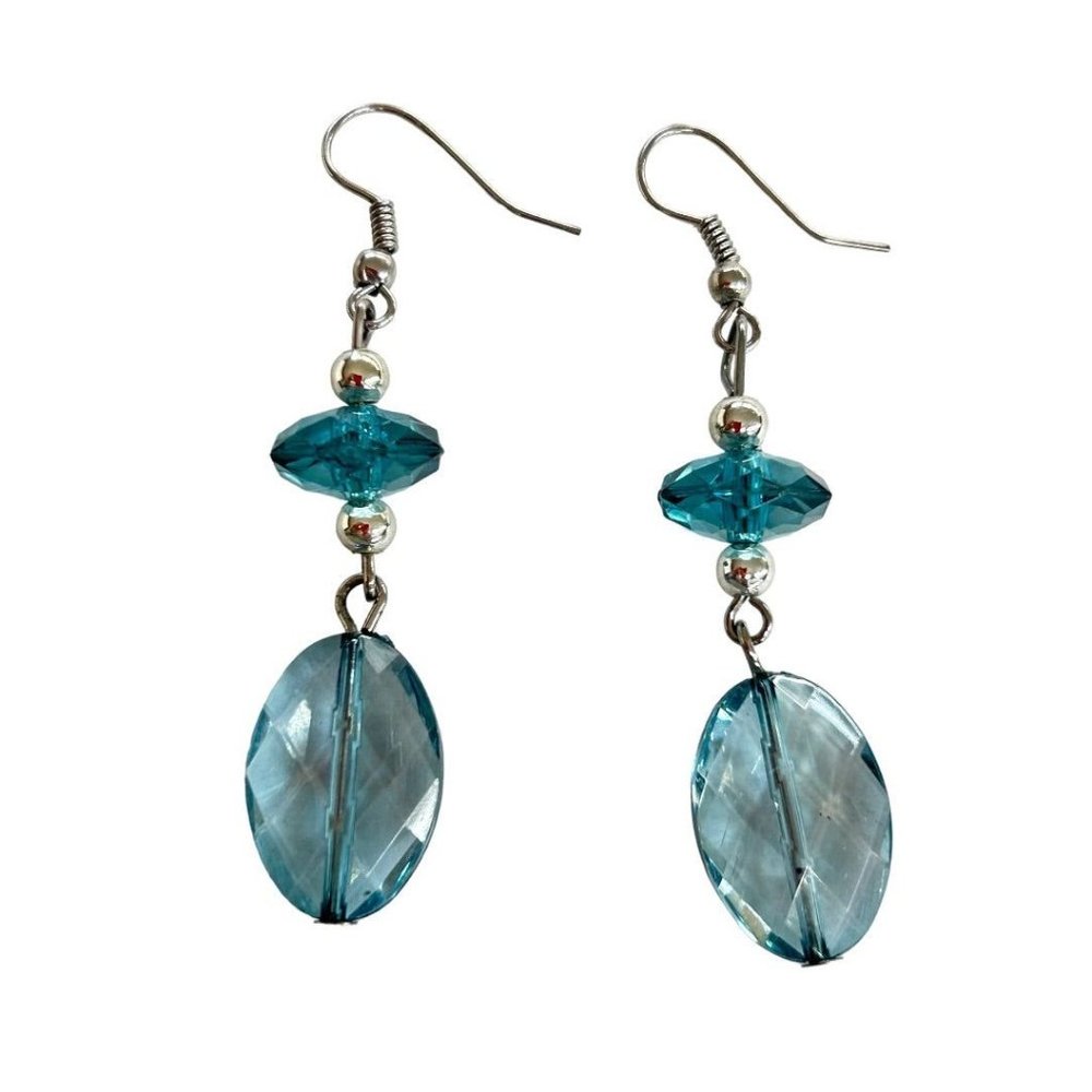 Blue Teal Faceted Acrylic Beaded Hook Pierced Earrings 2.5" Drop Dangle Silverto - Picture 5 of 5